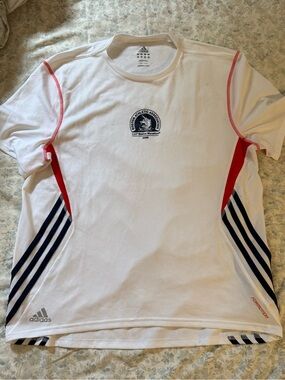 adidas White Short Sleeve Athletic Tee with Red & Navy Accents